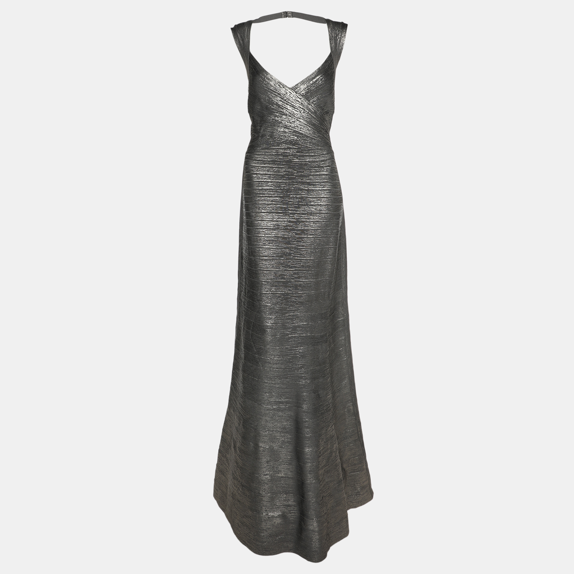 

Herve Leger Dark Grey Woodgrain Foil Print Camilla Bandage Gown L