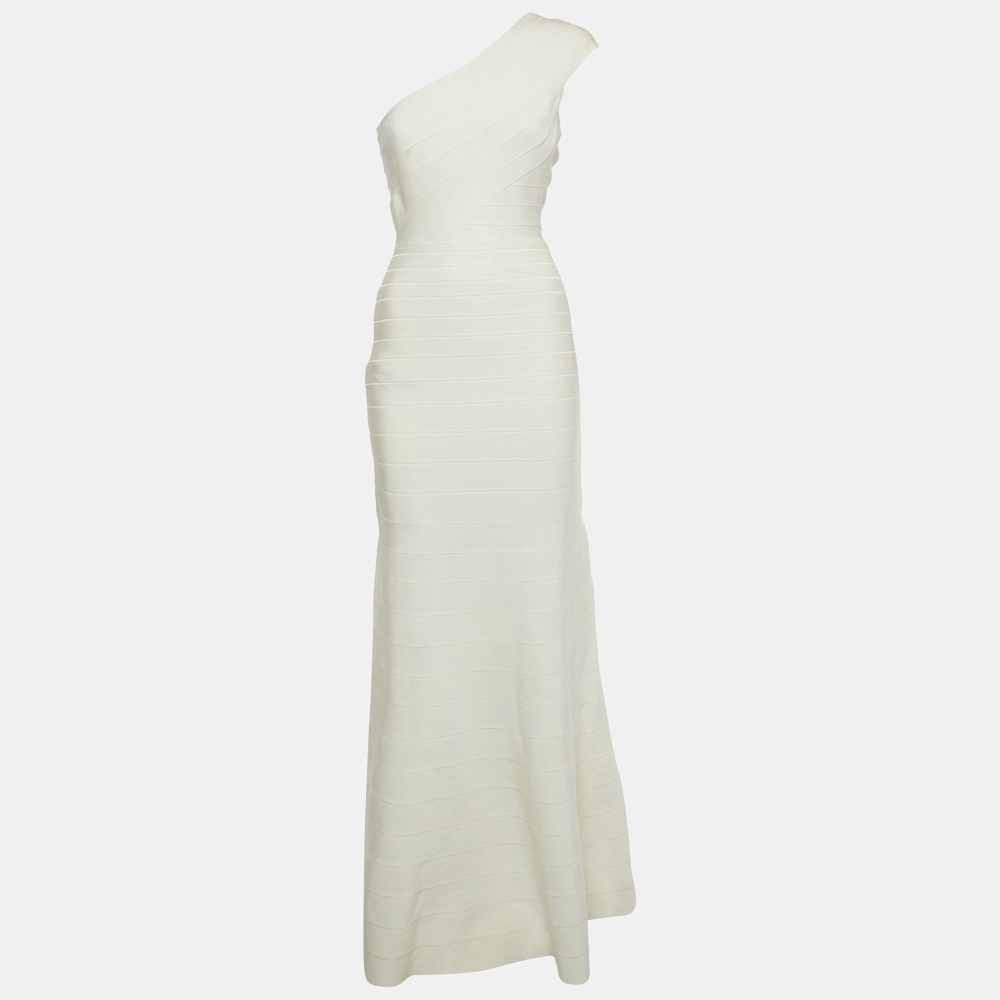 Pre-owned Herve Leger Cream Knit One-shoulder Elena Bandage Maxi Dress M In White