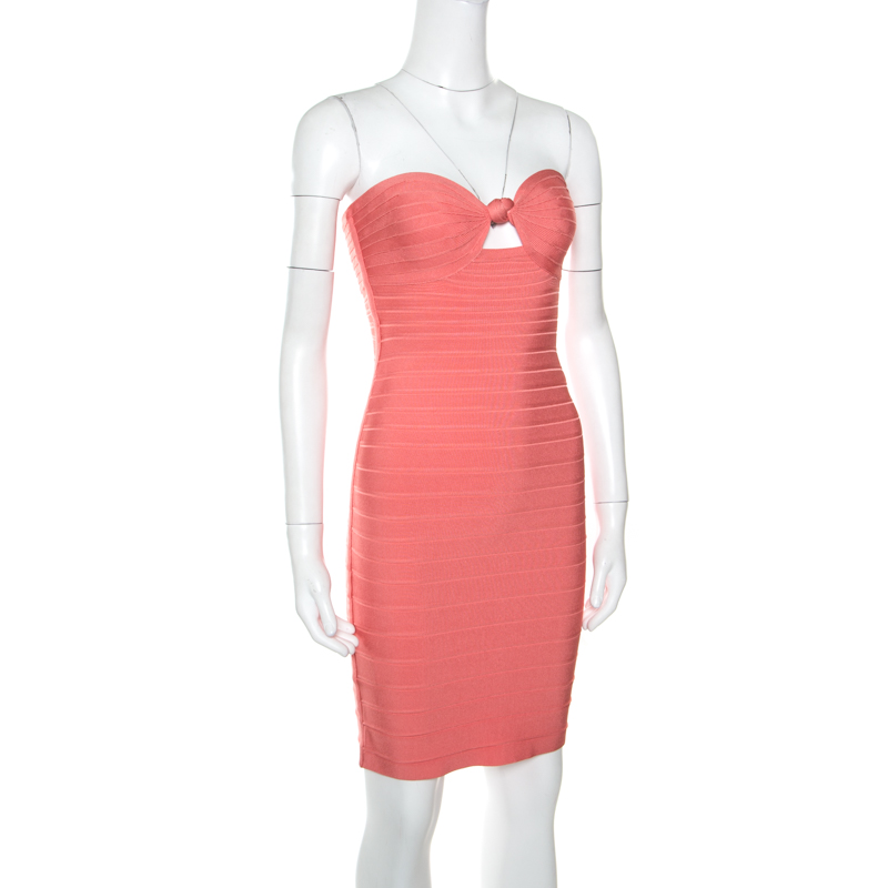 

Herve Leger Coral Pink Strapless Arabella Bandage Dress