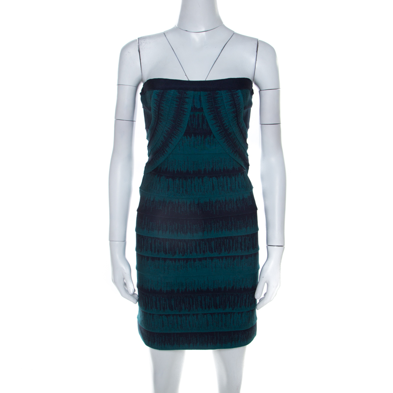 Herve Leger Deep Teal Knit Strapless Lesly Bandage Dress L