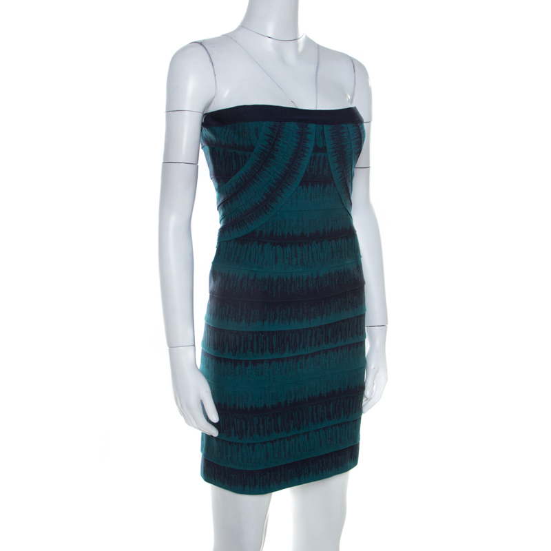 

Herve Leger Deep Teal Knit Strapless Lesly Bandage Dress, Green