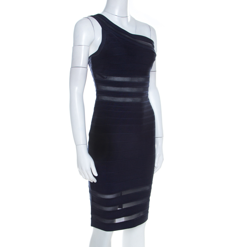 

Herve Leger Navy Blue Knit and Mesh Insert One Shoulder Lara Bandage Dress