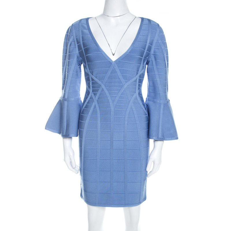 Pre Owned Herve Leger Blue Knit Bell Sleeve Yasmine Bandage Dress M