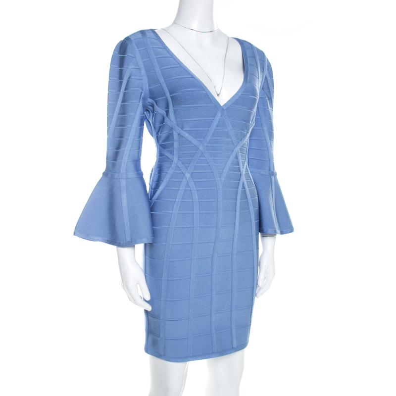 

Herve Leger Blue Knit Bell Sleeve Yasmine Bandage Dress