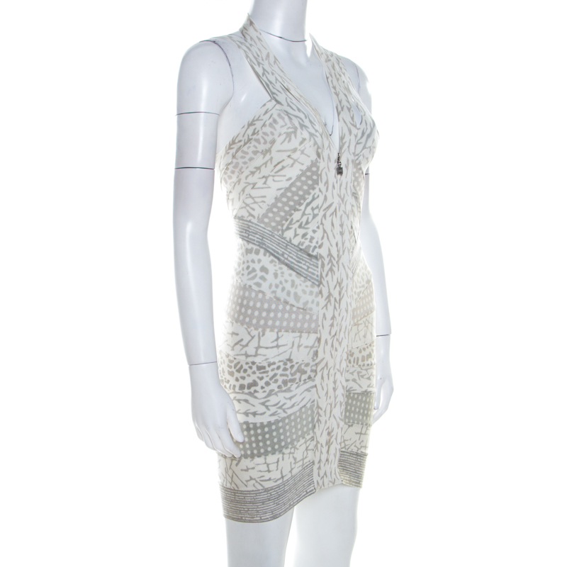 

Herve Leger Dove Grey Multi Print Paneled Halter Bandage Dress