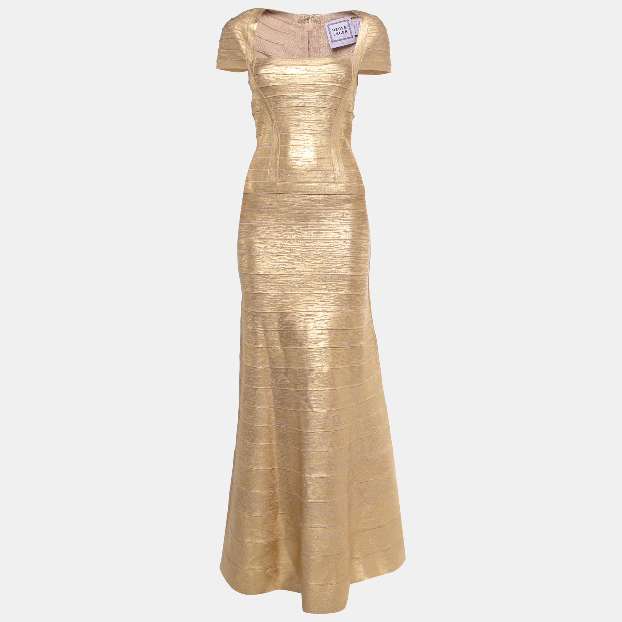 Herve Leger Gold Knit Cap Sleeve Fit & Flare Gown S