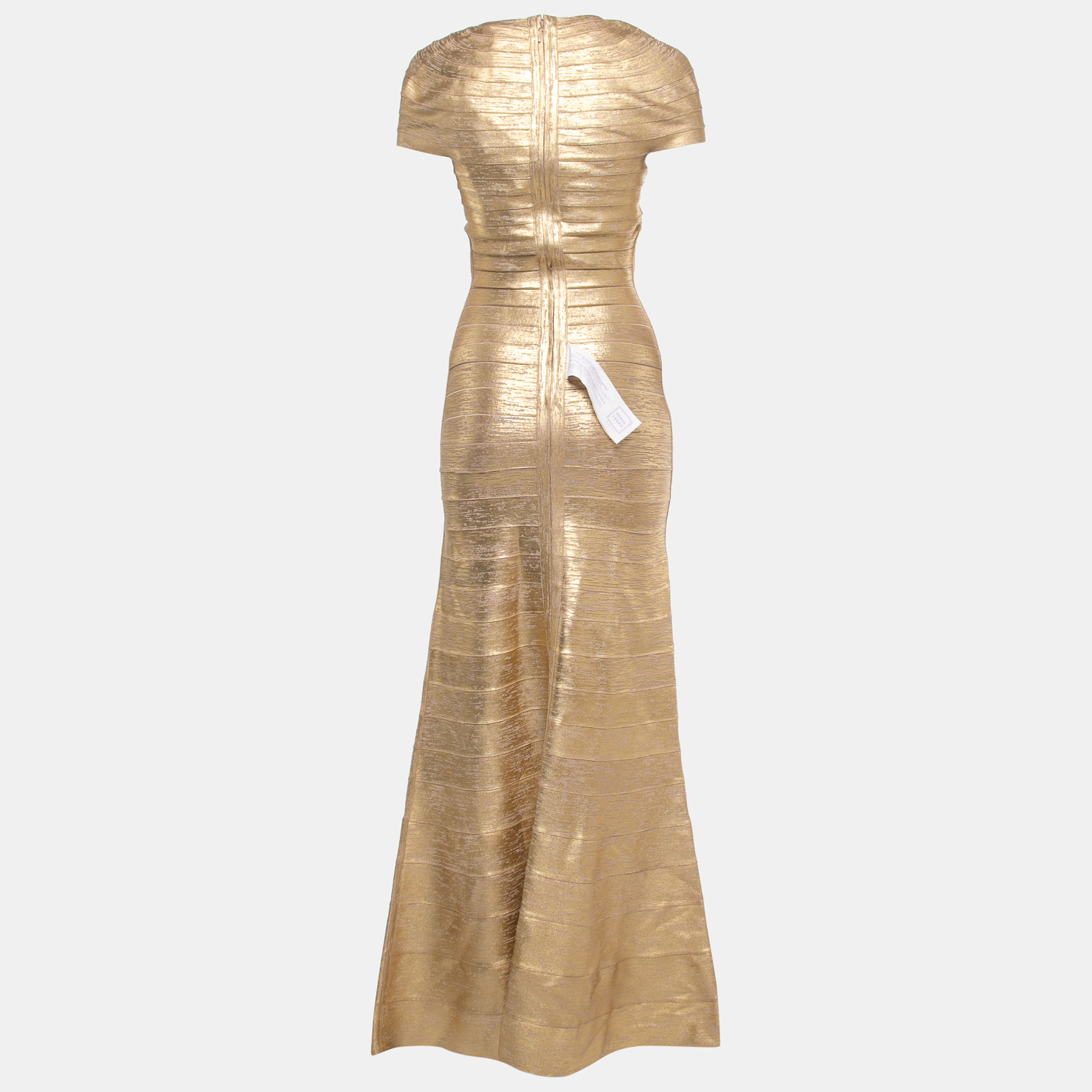 

Herve Leger Gold Knit Cap Sleeve Fit & Flare Gown