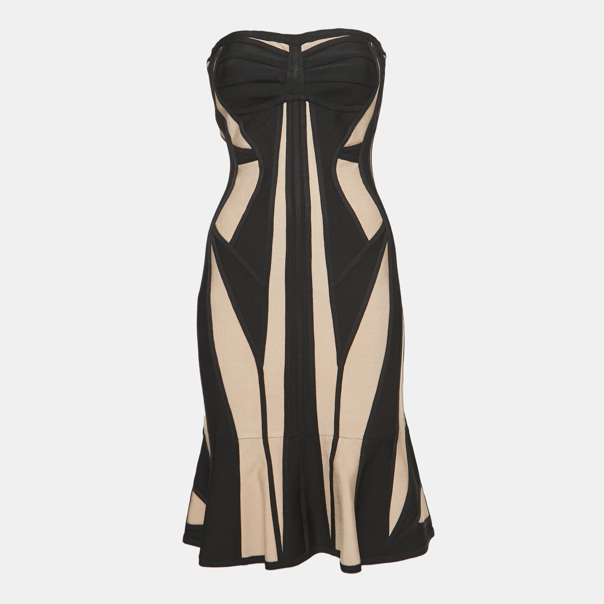 Herve Leger Beige/Black Knit Strapless Bodycon Dress M