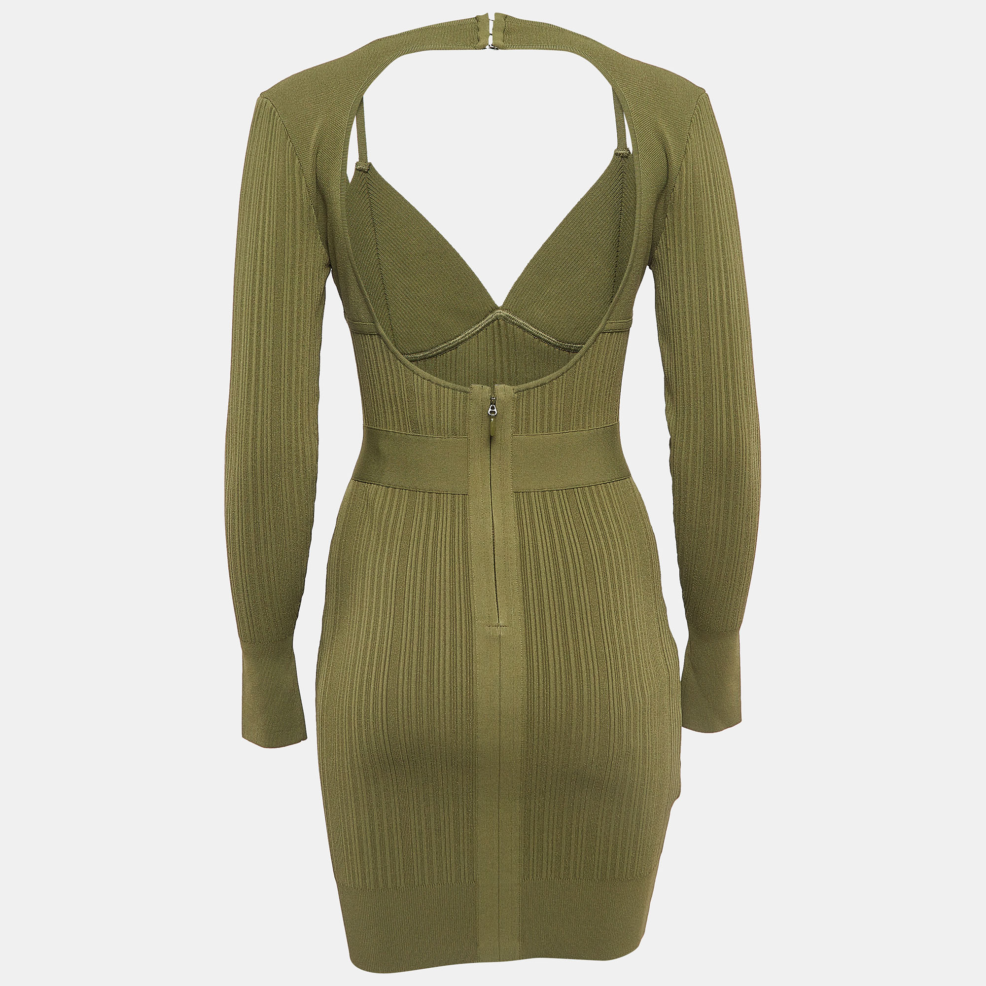 

Herve Leger Green Rib Knit Cut-Out Mini Bandage Dress