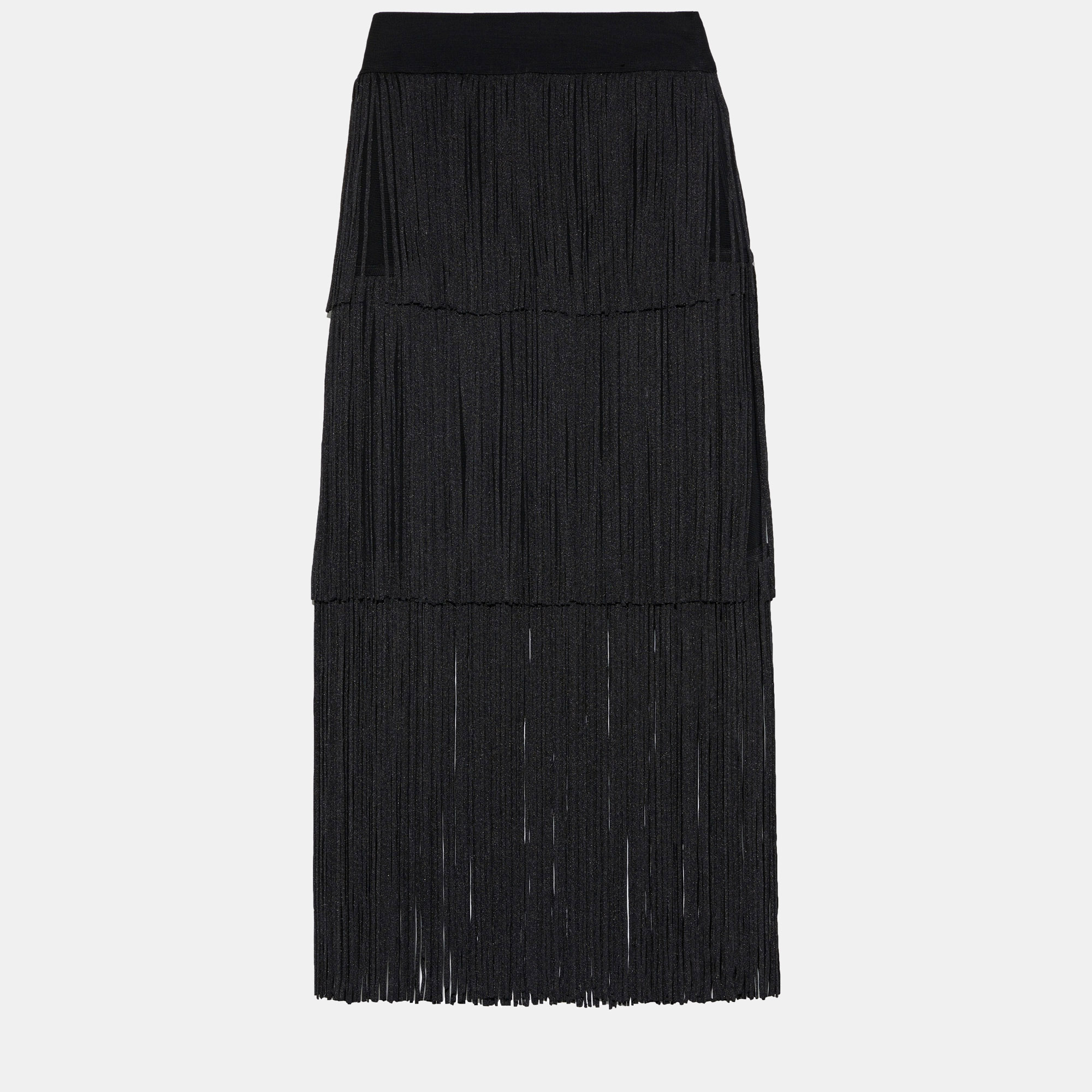 Black Knit Fringed Midi Skirt