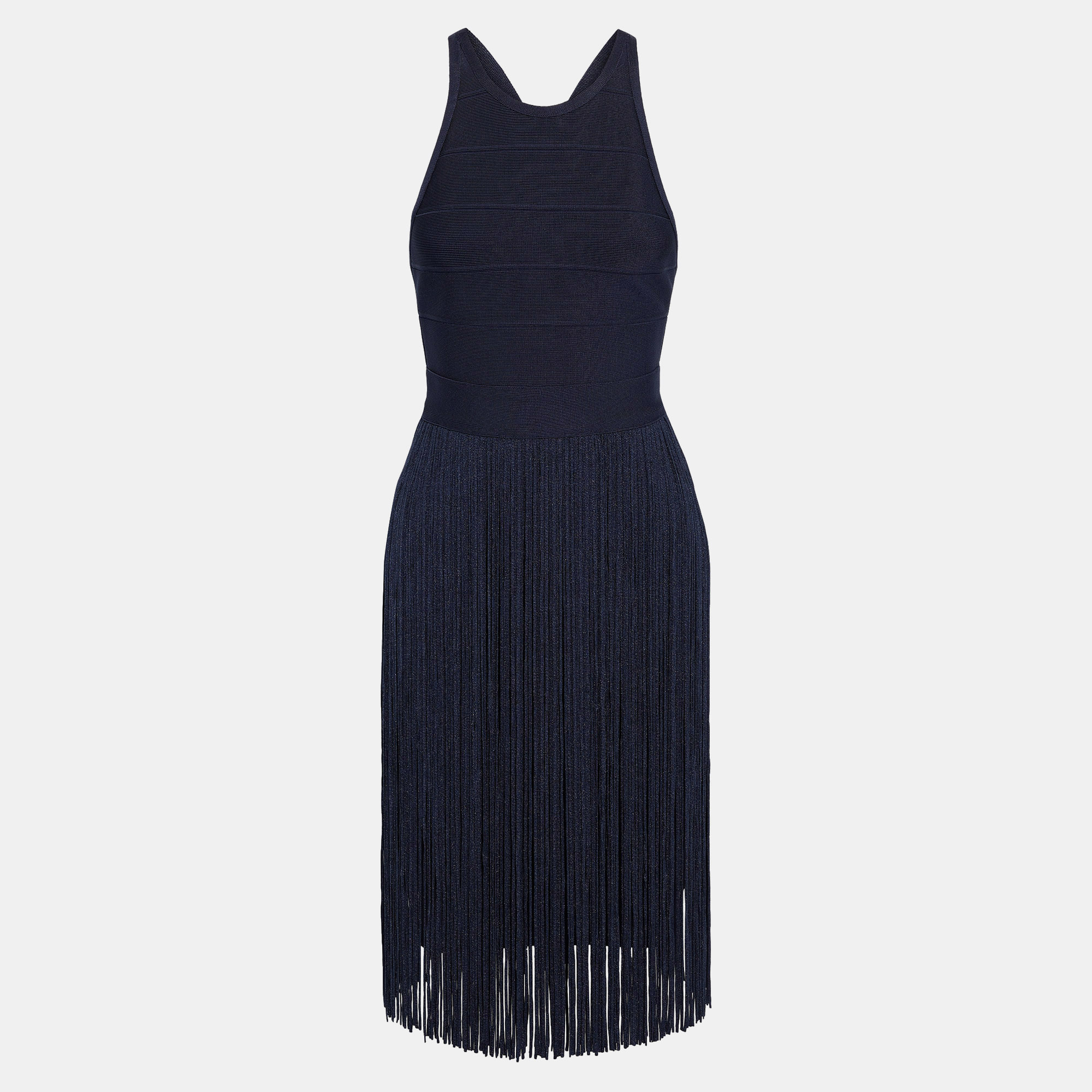 Pre-owned Herve Leger Rayon Mini Dress L In Navy Blue