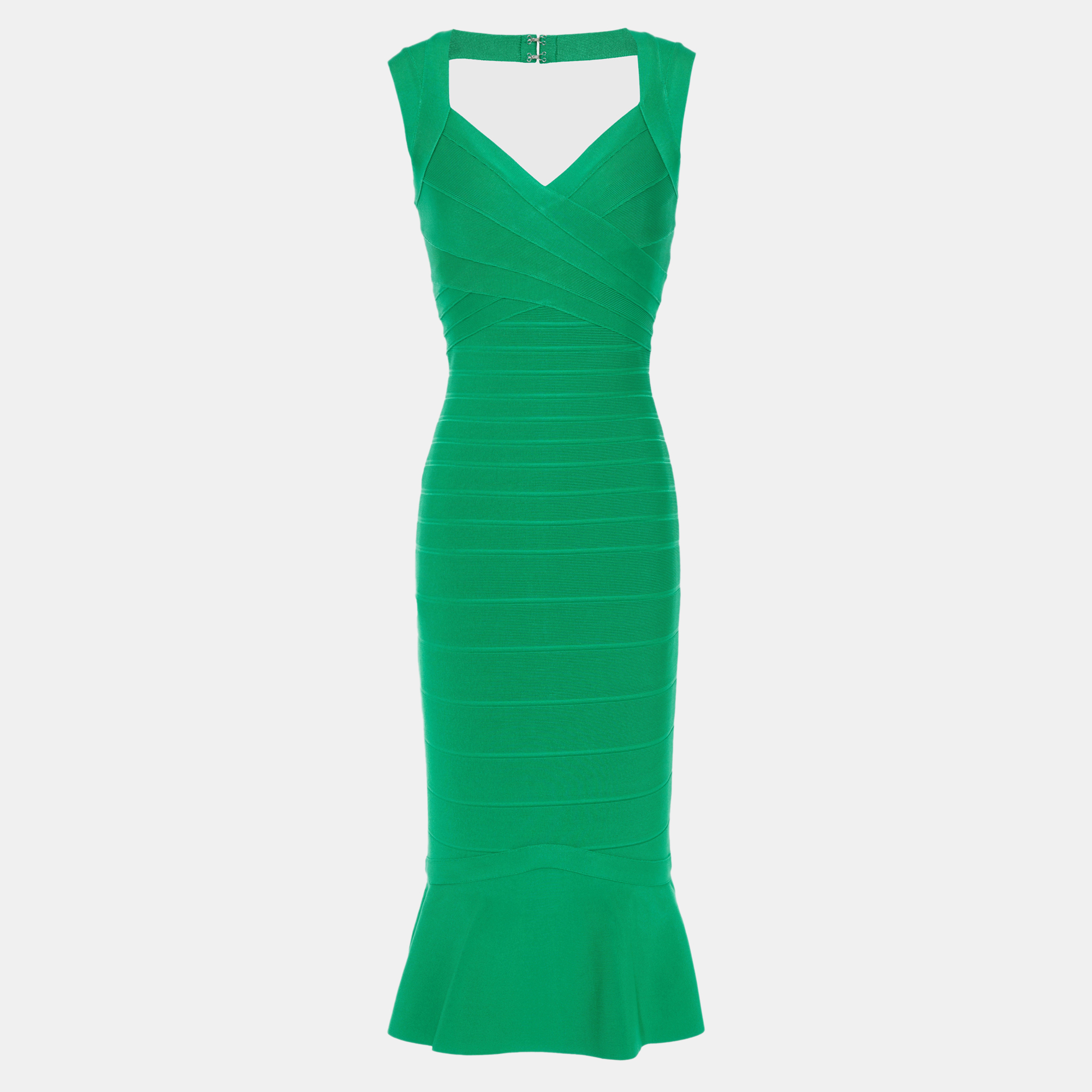 Pre-owned Herve Leger Green Knit Knee Length Bandage Dress Xs