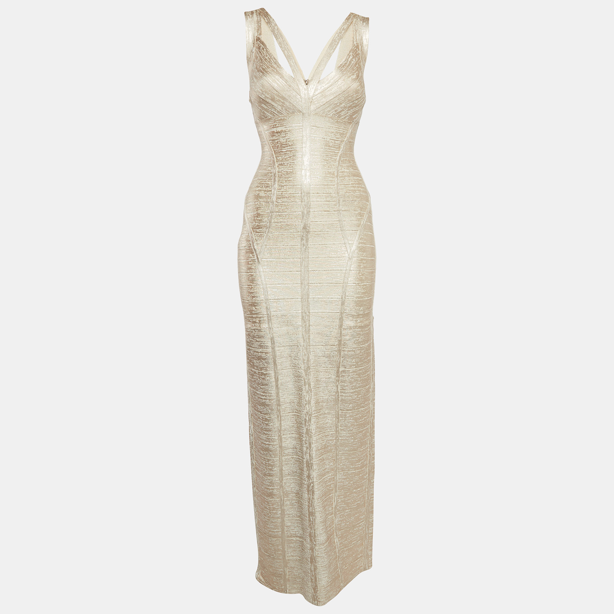 Pre-owned Herve Leger Beige Foil Print Banded Knit Sweetheart Maxi Dress S