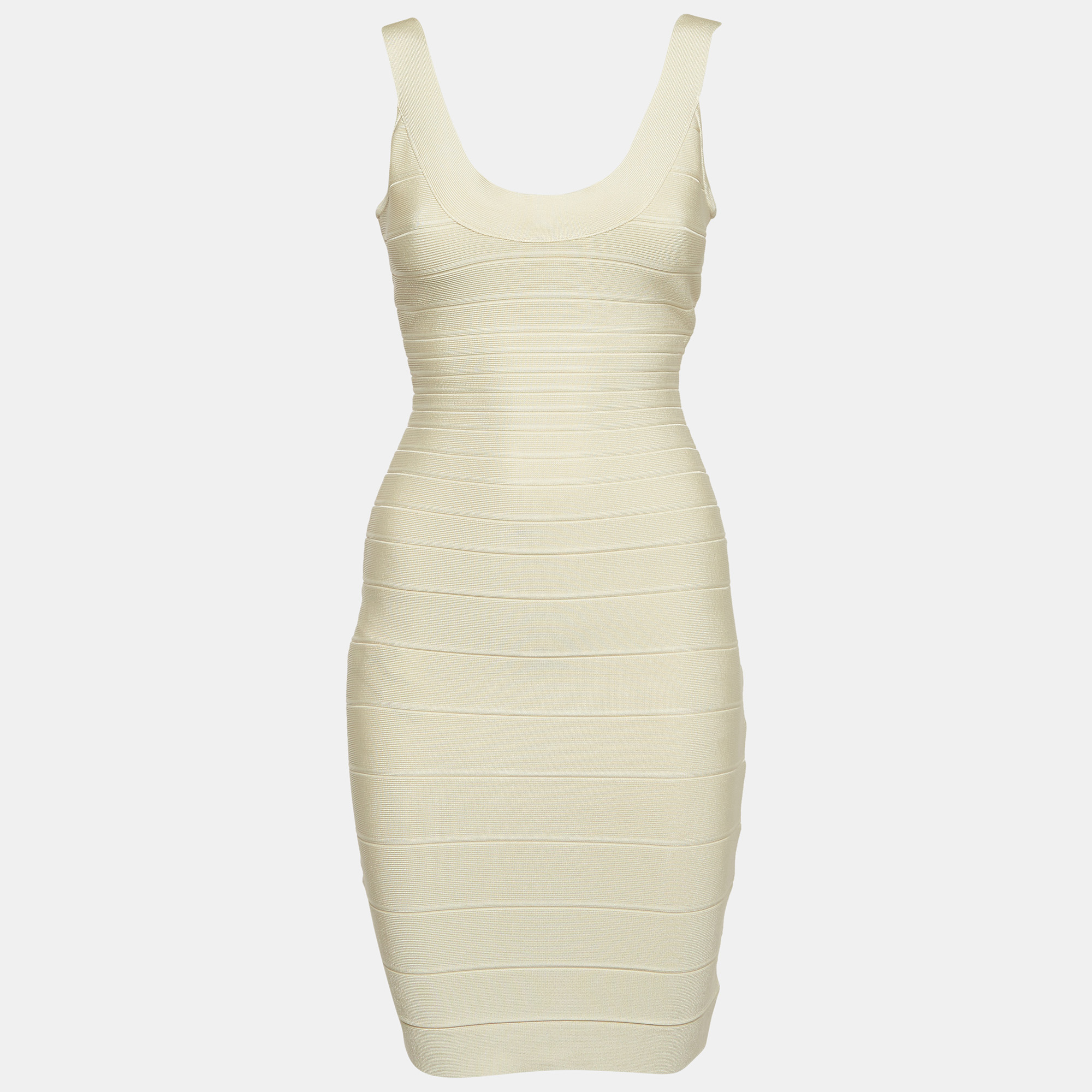 Pre-owned Herve Leger Cream Jersey Sleeveless Bandage Dress S