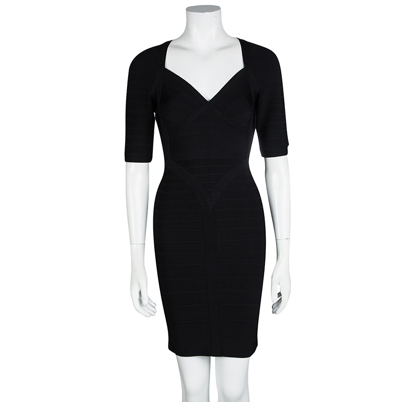 

Herve Leger Black Knit Short Sleeve Lexi Bandage Dress