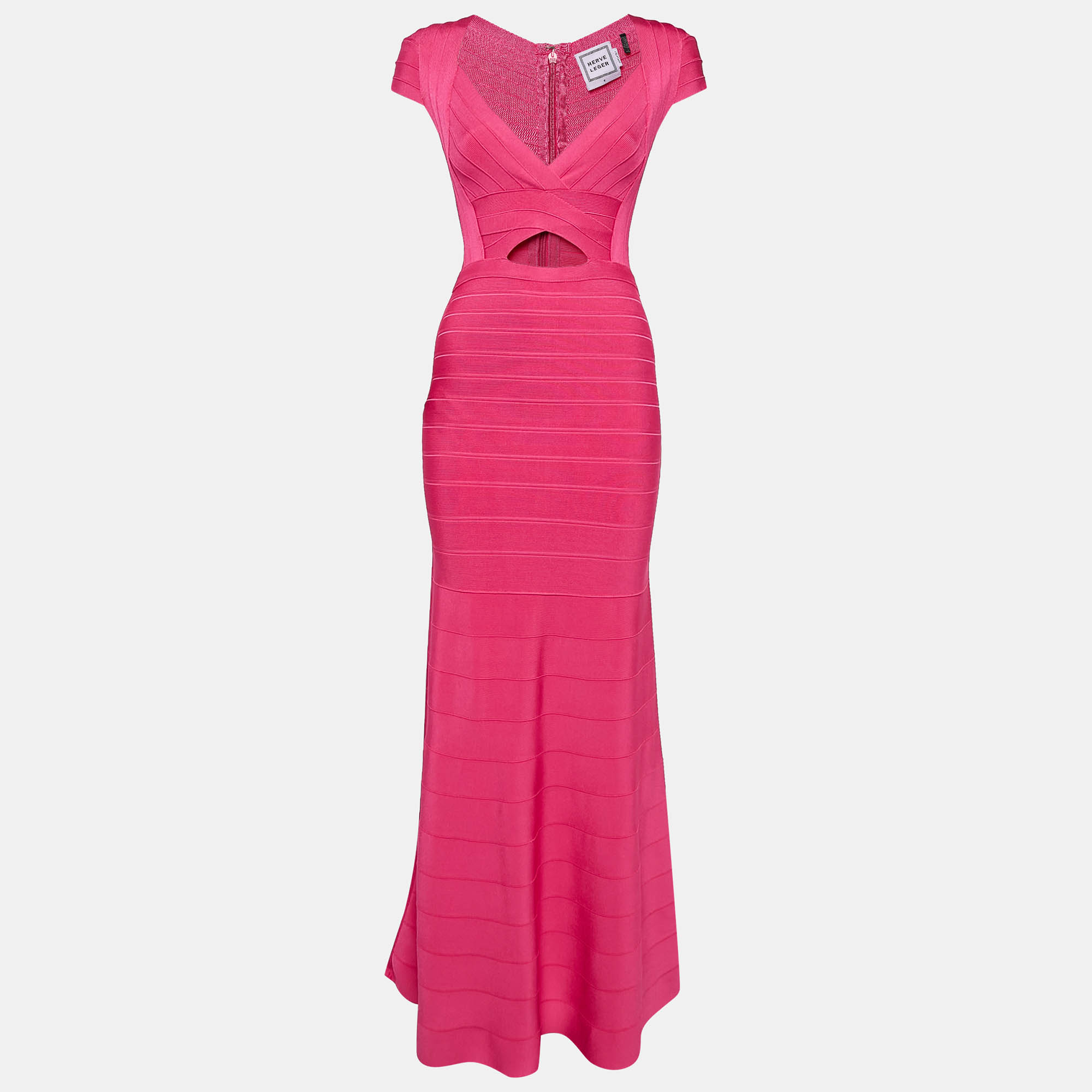 

Herve Leger Pink Bandage Knit Cap Sleeve Flared Gown S