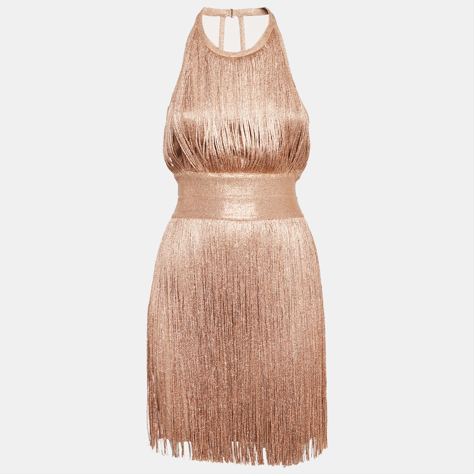 

Herve Leger Gold Lurex Jersey Fringed Mini Dress XS