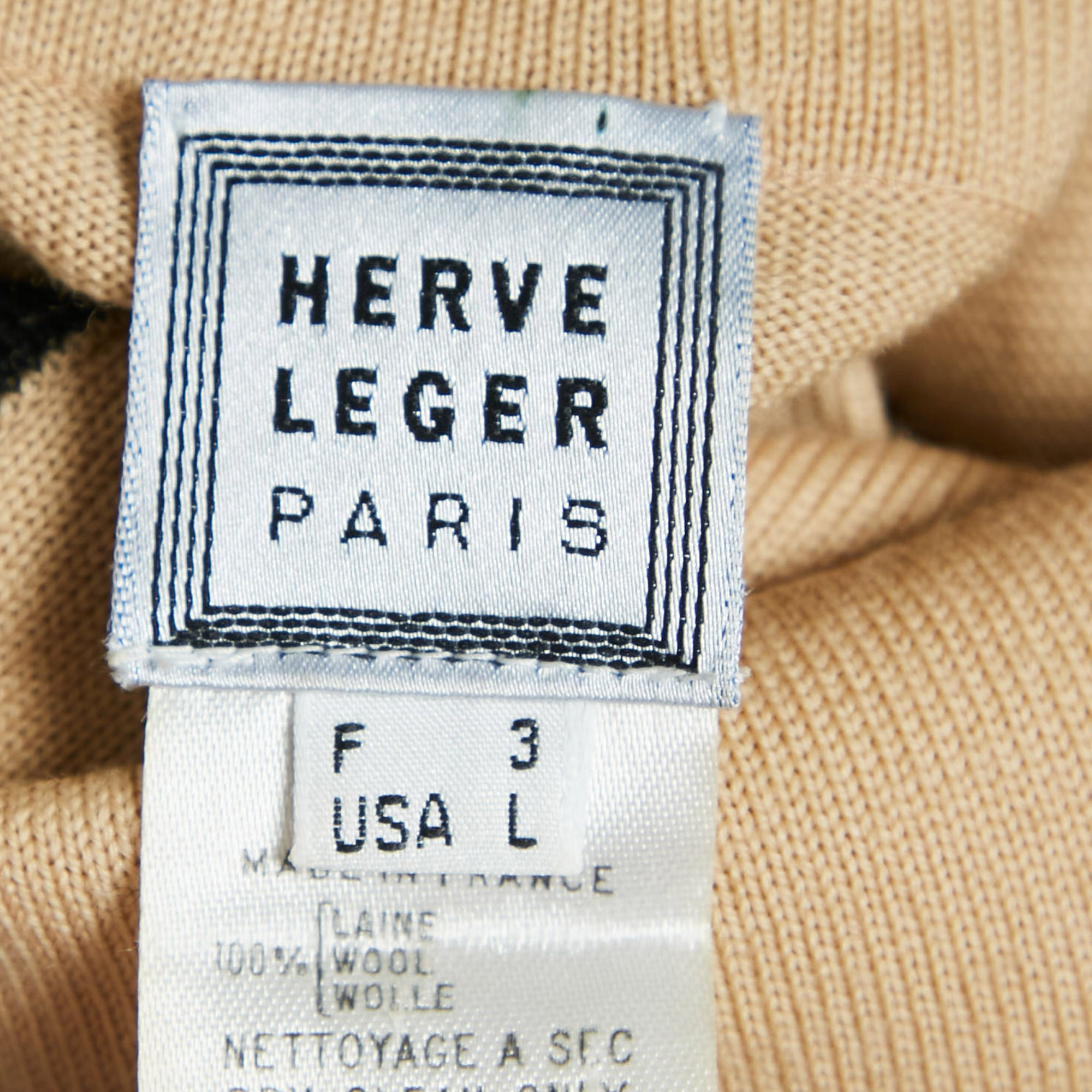 Herve Leger Vintage Beige Wool Knit Turtle Neck Sleeveless Midi Dress L 