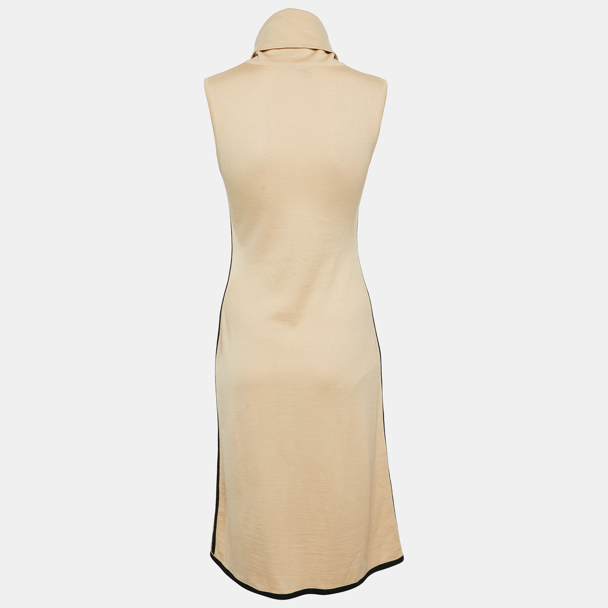Herve Leger Vintage Beige Wool Knit Turtle Neck Sleeveless Midi Dress L 