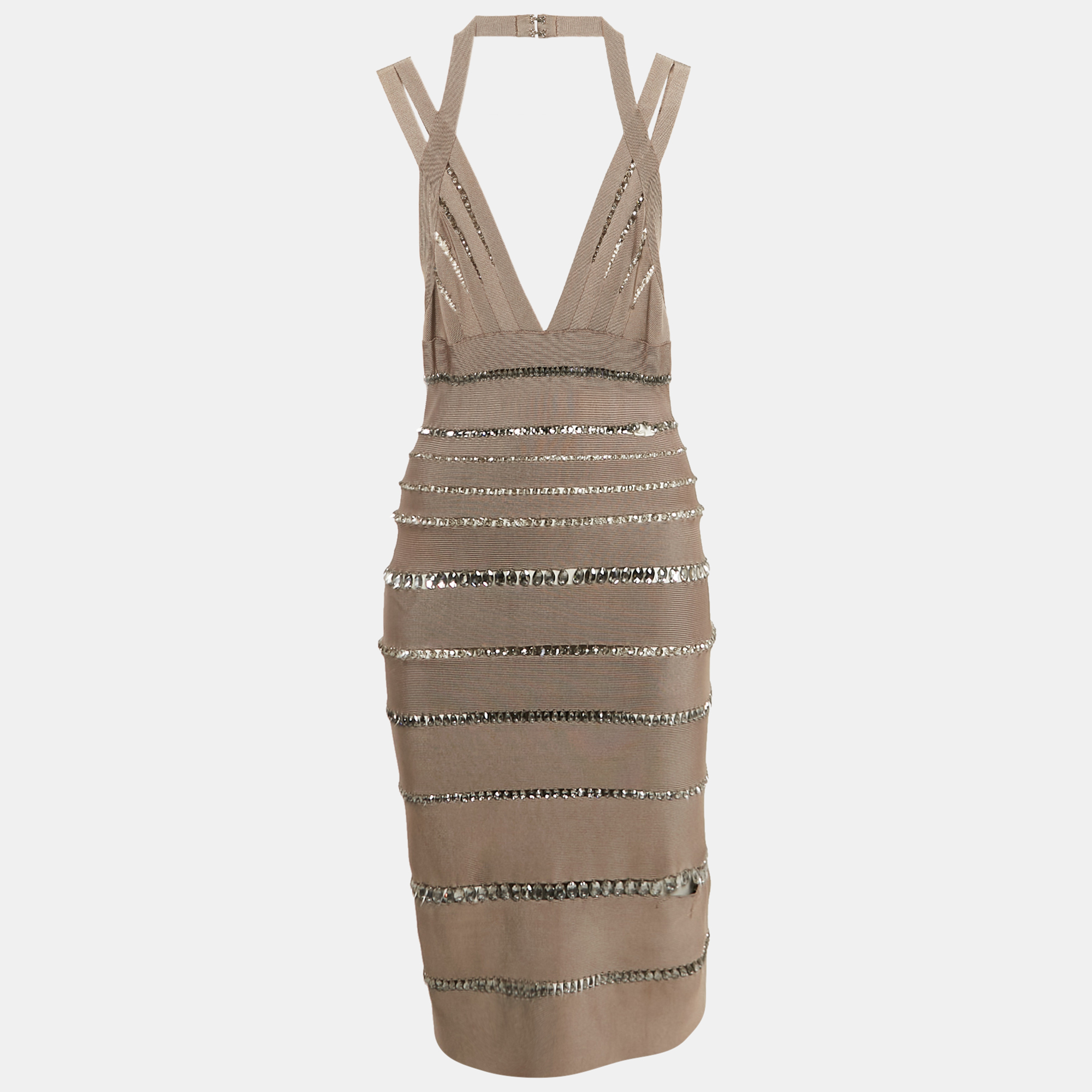 

Herve Leger Tan Brown Bandage Knit Crystal Embellished Cut-Out Bodycon Dress S