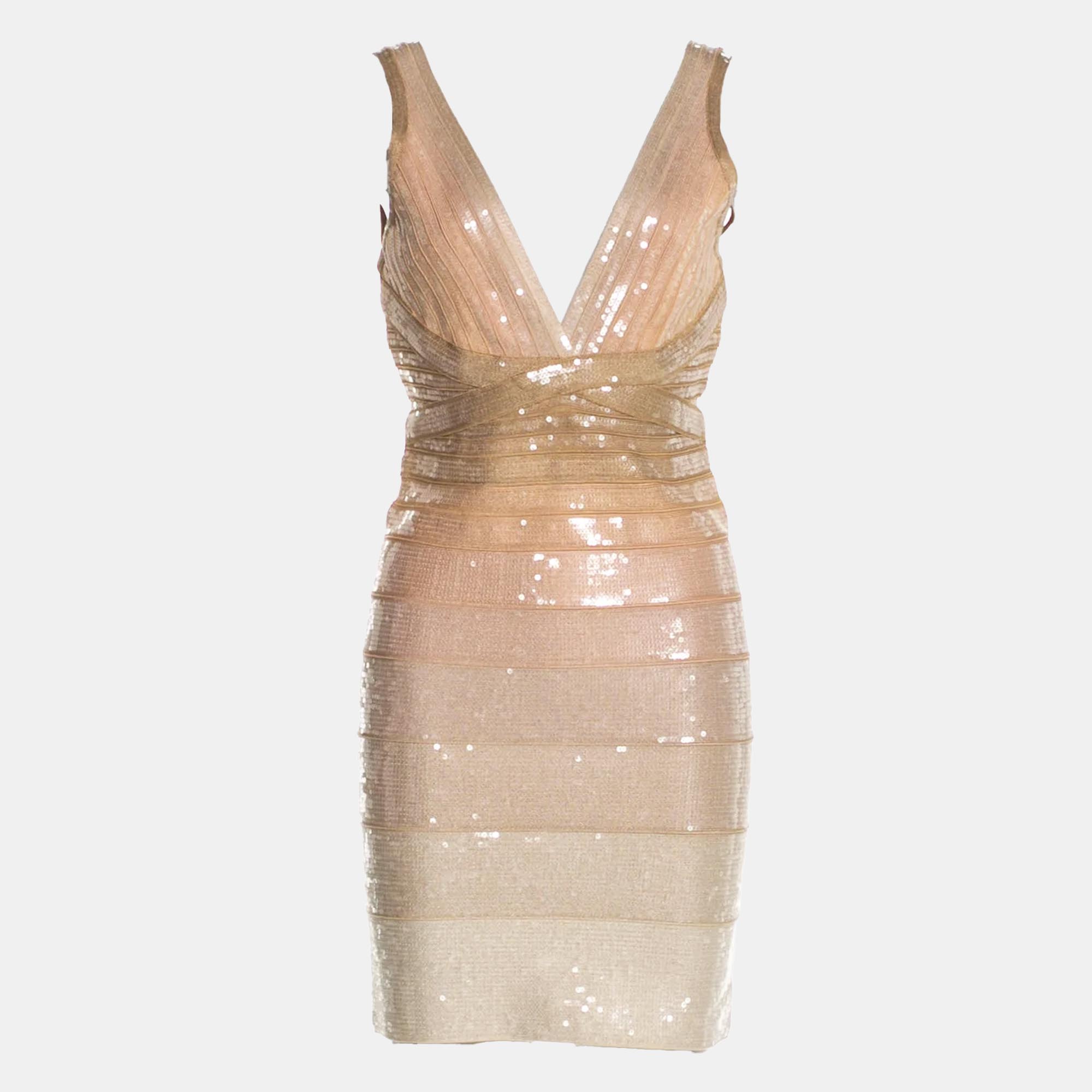 

Herve Leger Beige Bandage Knit Sequin Bodycon Dress XS