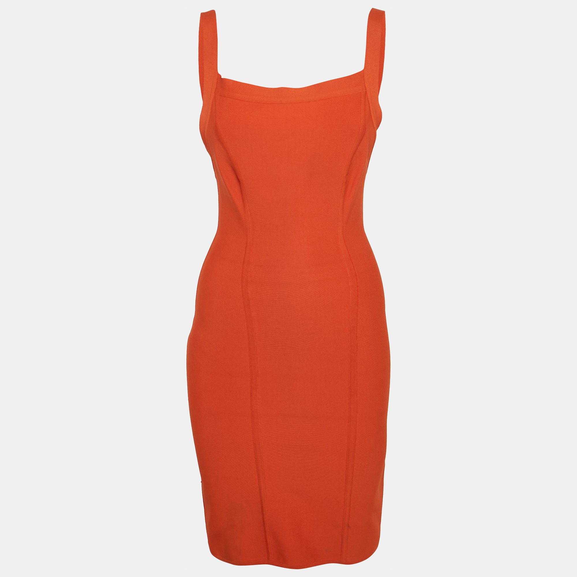 Pre-owned Herve Leger Orange Jersey Sleeveless Dress M