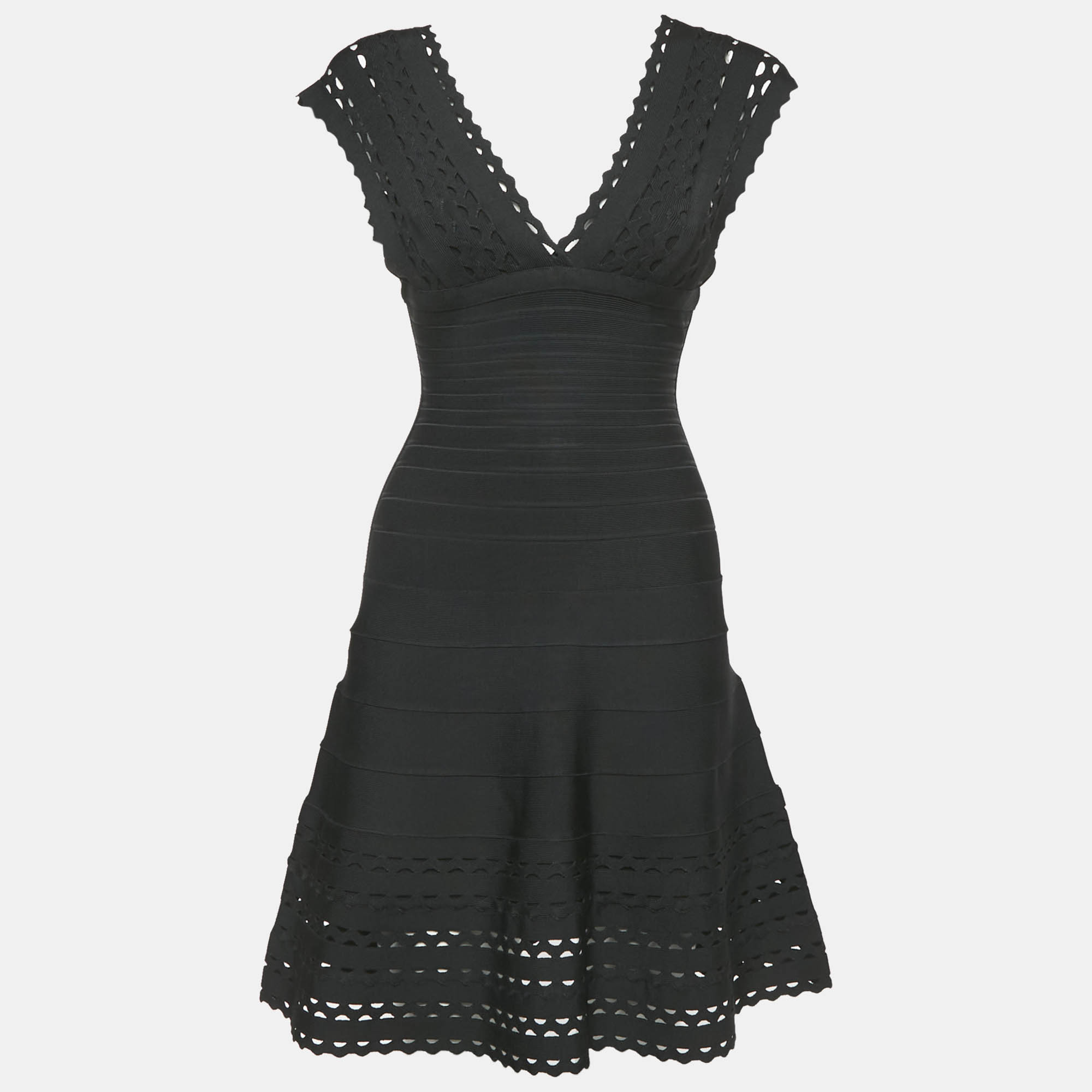 

Herve Leger Black Knit Laser-Cut Detail Karolina Bandage Short Dress S