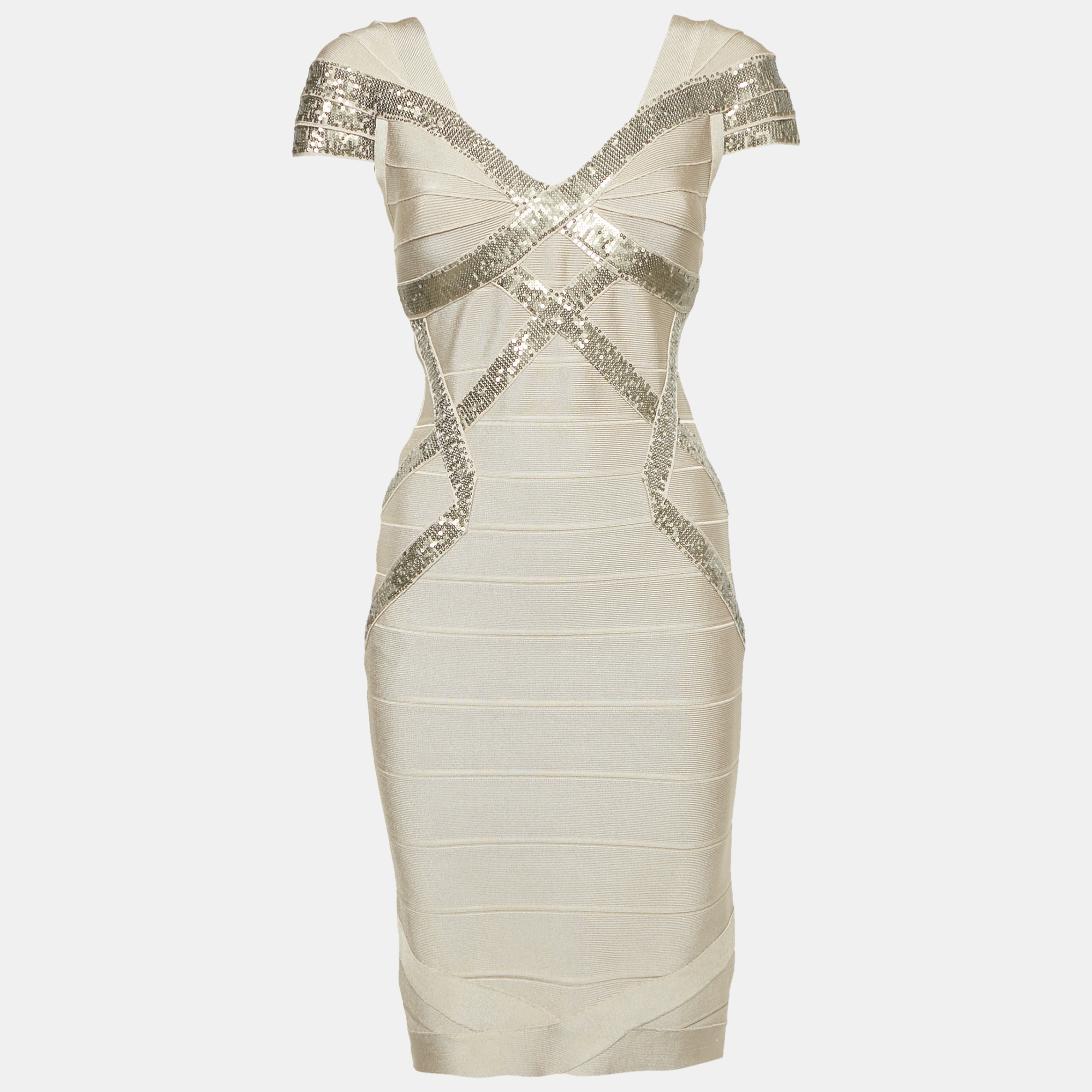 

Herve Leger Beige/Khaki Sequin Embellished Knit Bandage Dress S