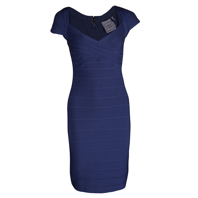 Pre Owned فستان بانتديدج هيرفي ليغي راكيل تريكو أزرق بالشعار M