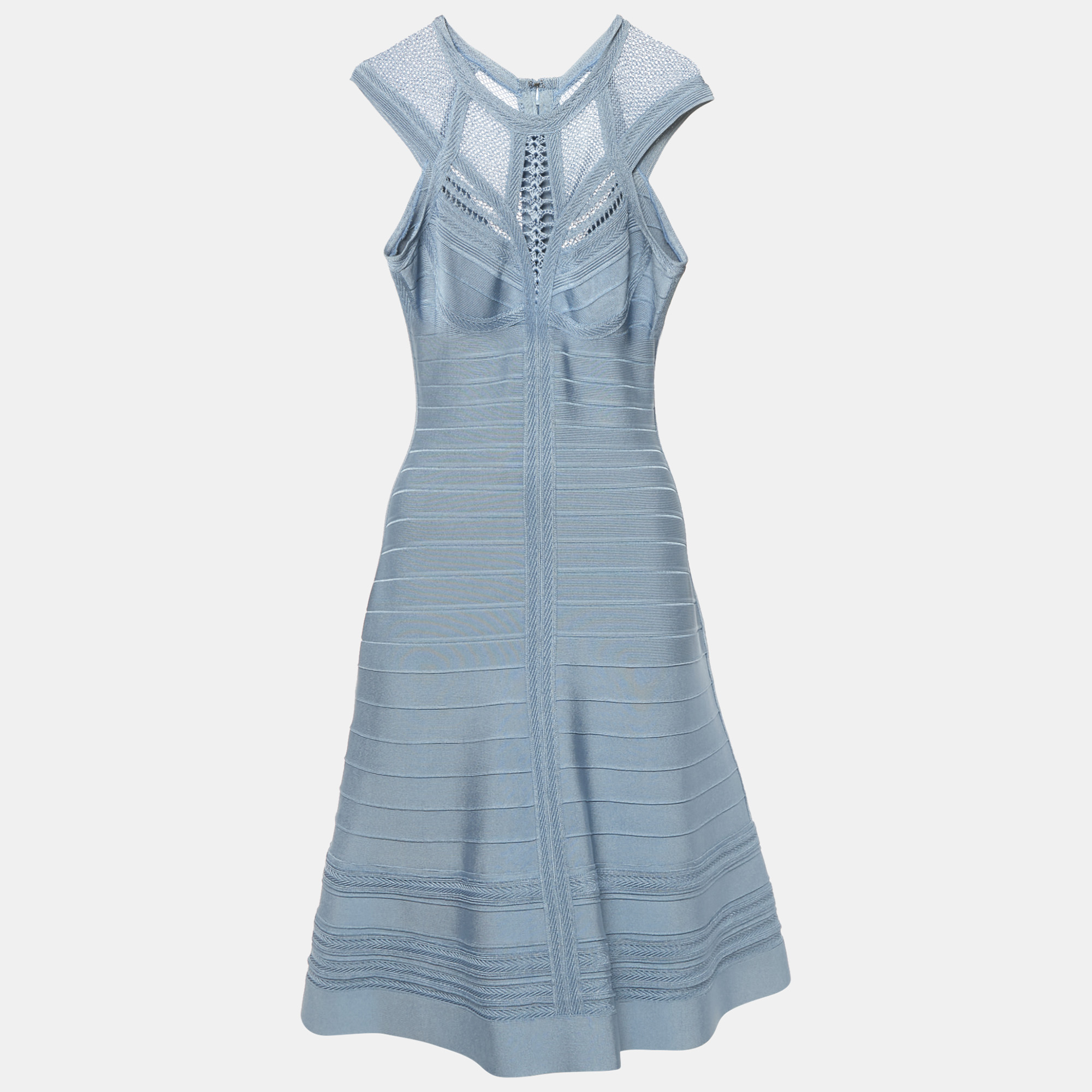 

Herve Leger Blue Crochet Trim Knit Flared Short Dress M
