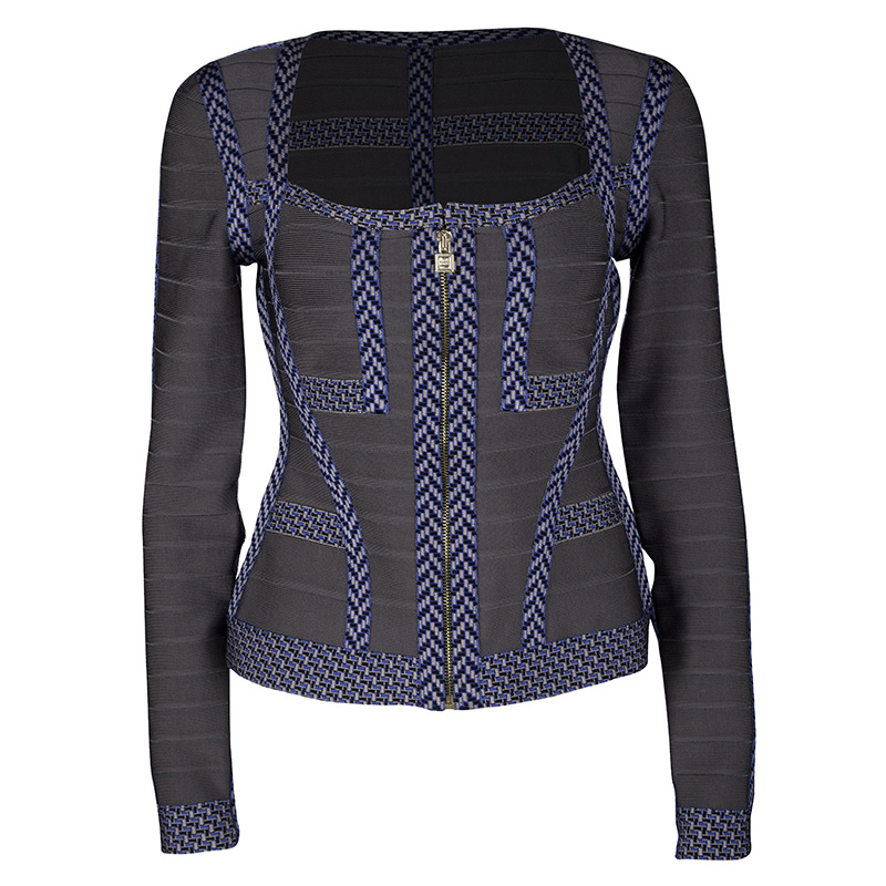 Herve Leger Grey Contrast Trim Zip Front Sol Bandage Jacket M