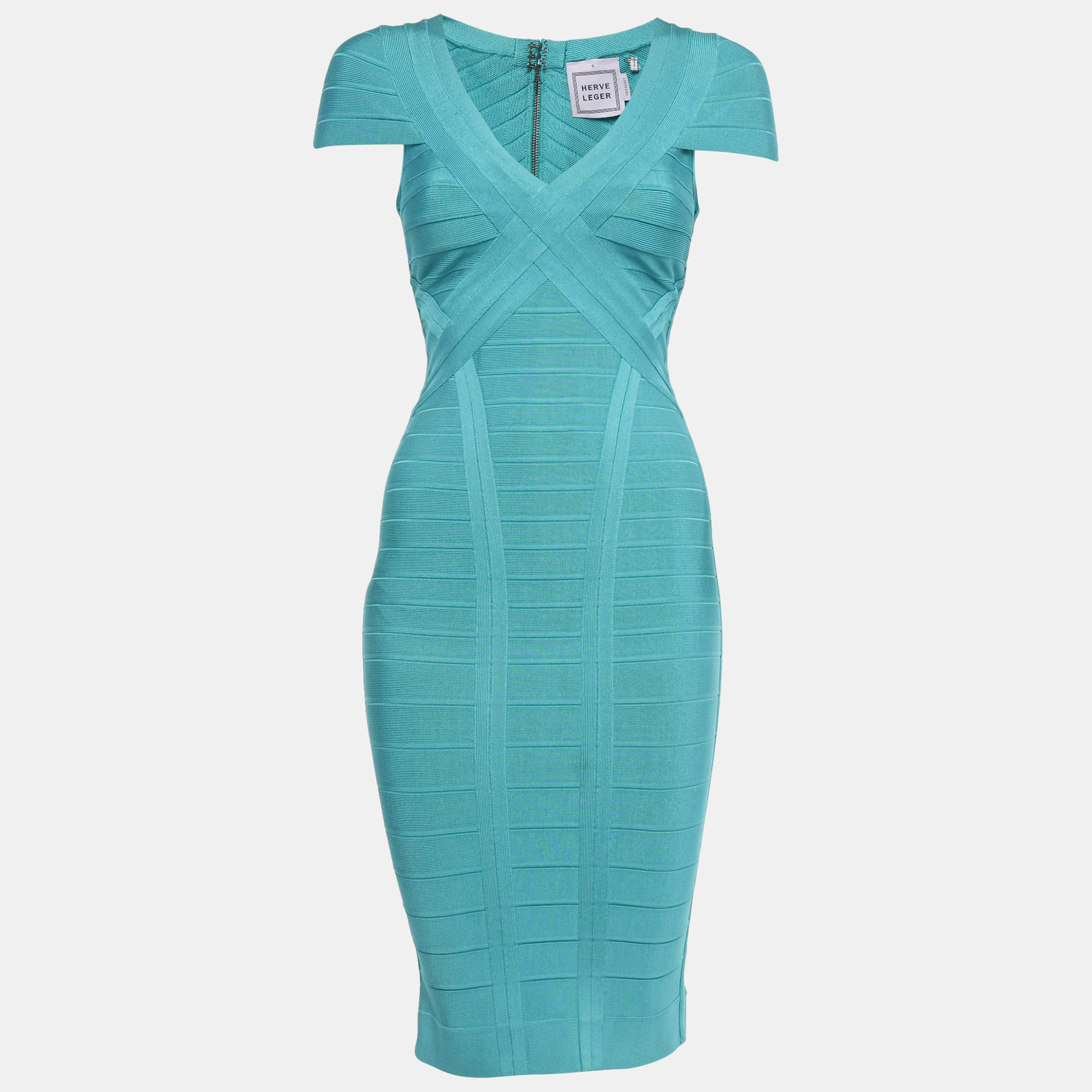 Pre-owned Herve Leger Blue Knit Bandage Layton Dress S