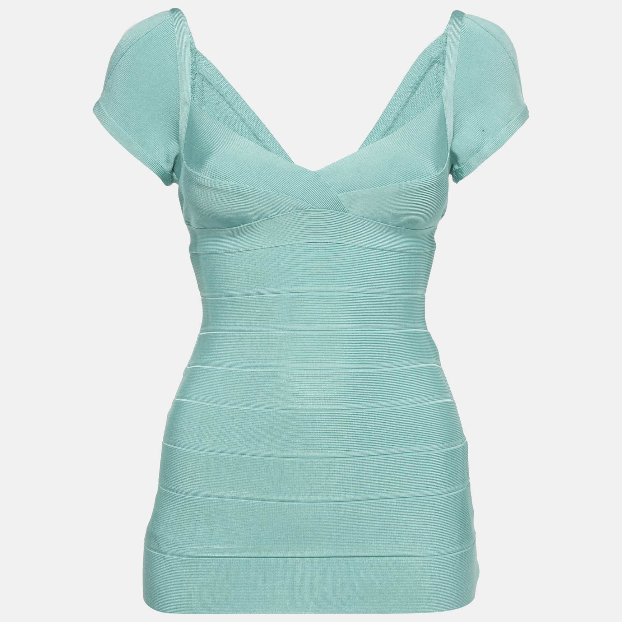 Pre-owned Herve Leger Mint Blue Knit Cold Shoulder Bandage Top S