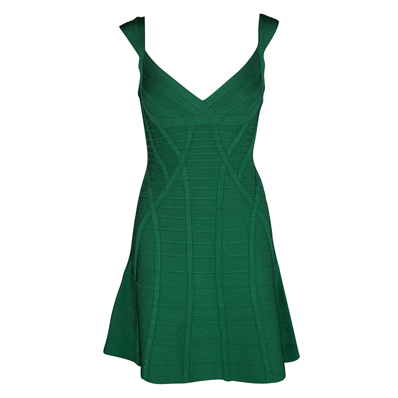 Herve Leger Pine Green Fit and Flare Sleeveless Mayra Dress M Herve