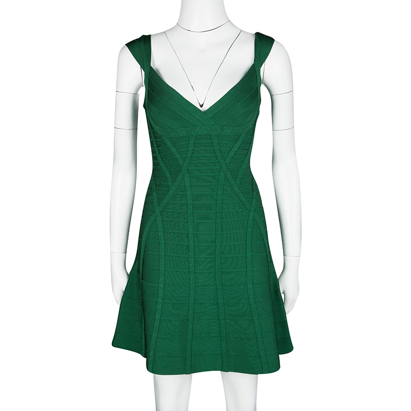 

Herve Leger Pine Green Fit and Flare Sleeveless Mayra Dress