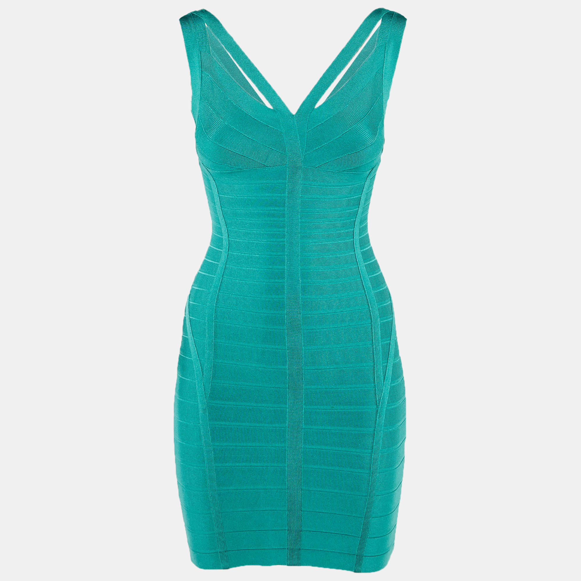 HERVE LEGER Pre-owned Turquoise Jersey Bandage Mini Dress Xs In Blue