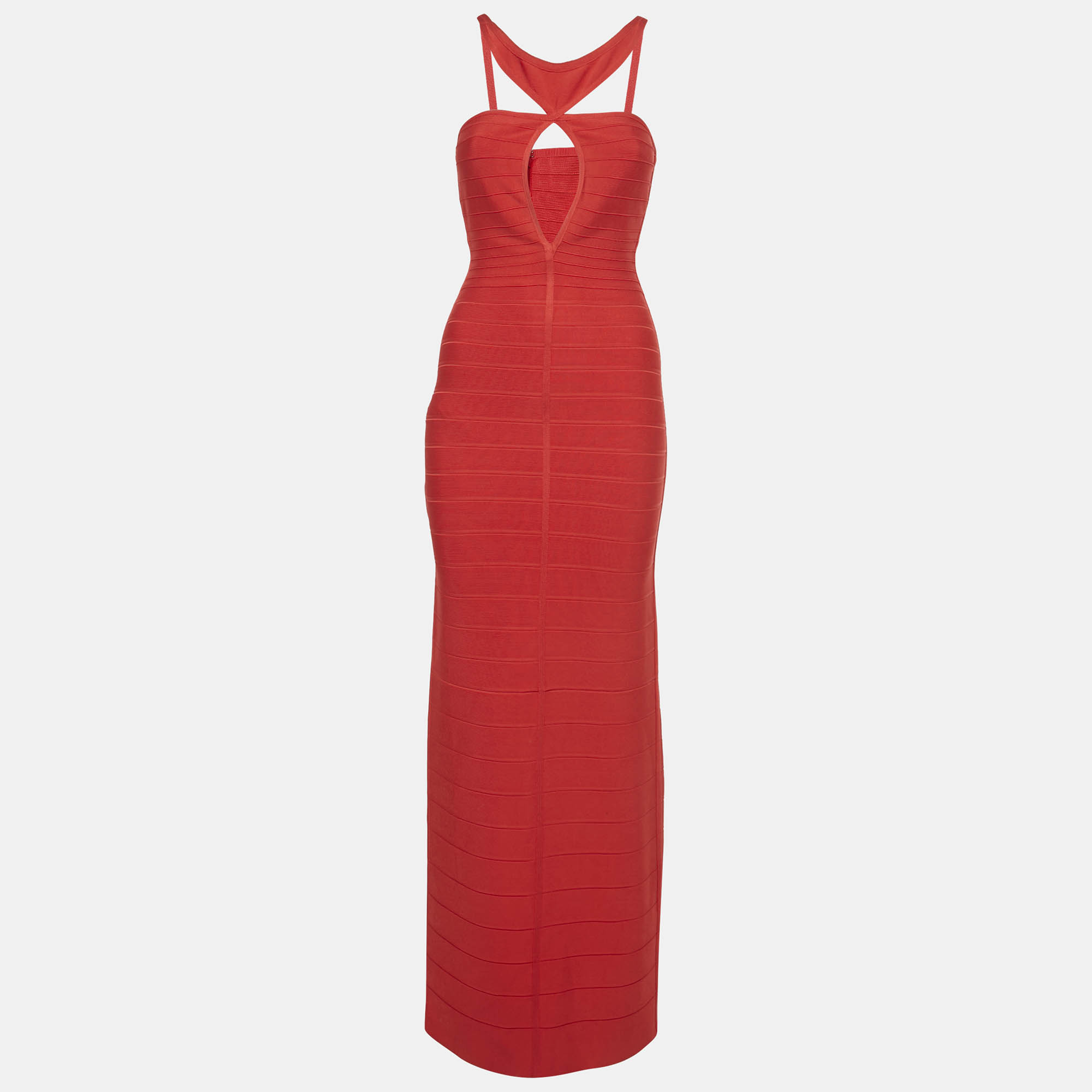Pre-owned Herve Leger Red Knit Maxi Bandage Dress S