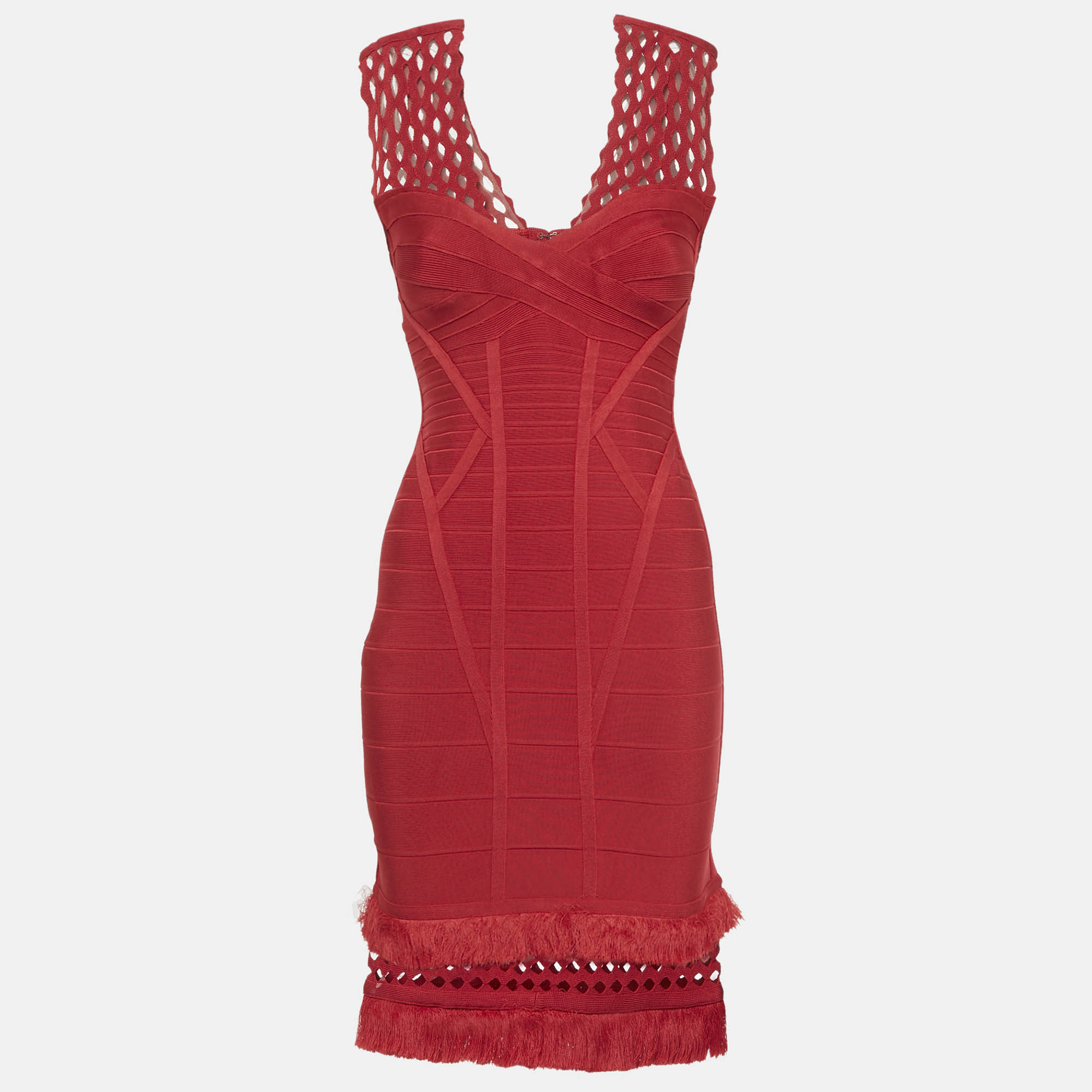 Pre-owned Herve Leger Red Bandage Knit Fringed Bodycon Dress M