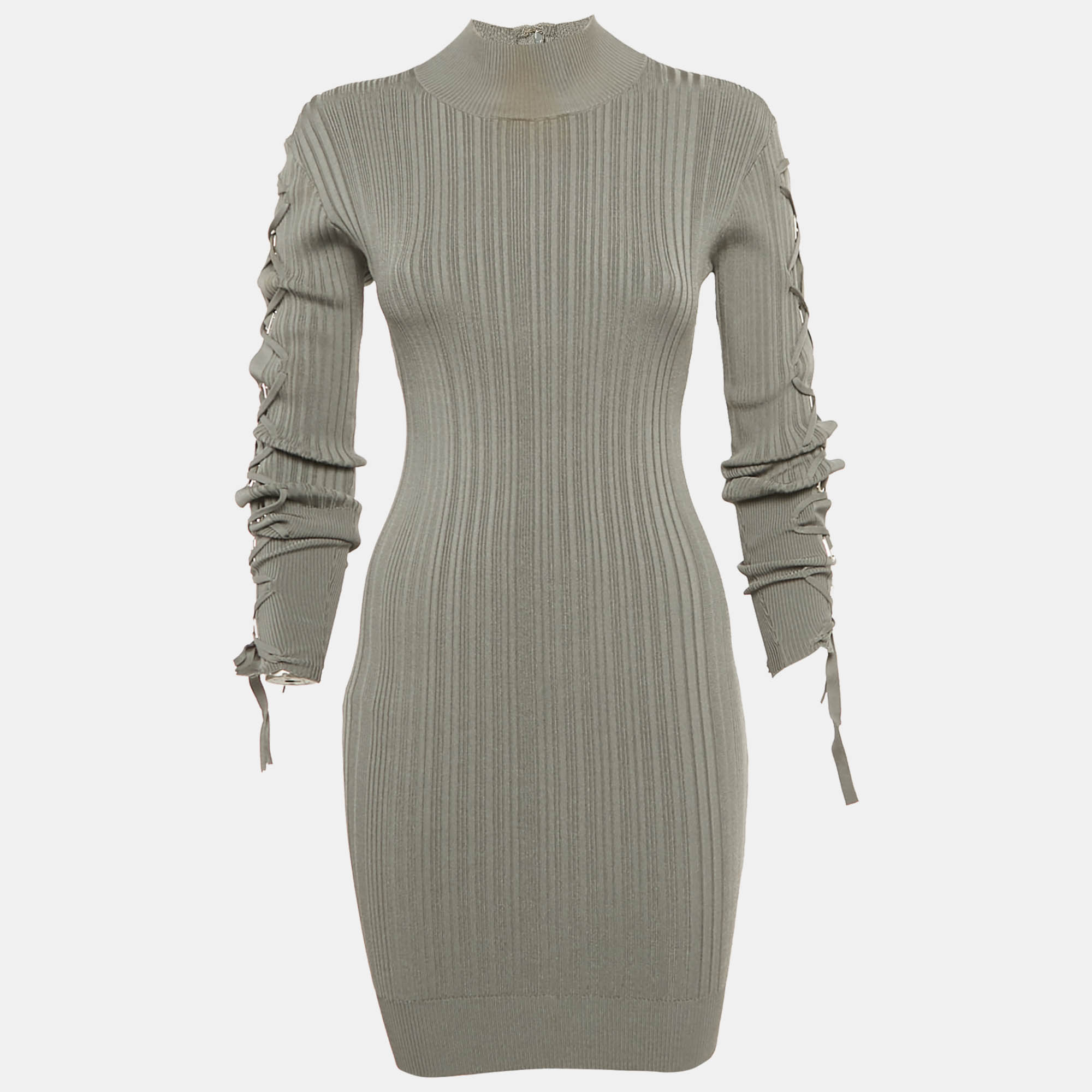 

Herve Leger Grey Rib Knit Lace-Up Sleeve Mini Dress XS, Blue