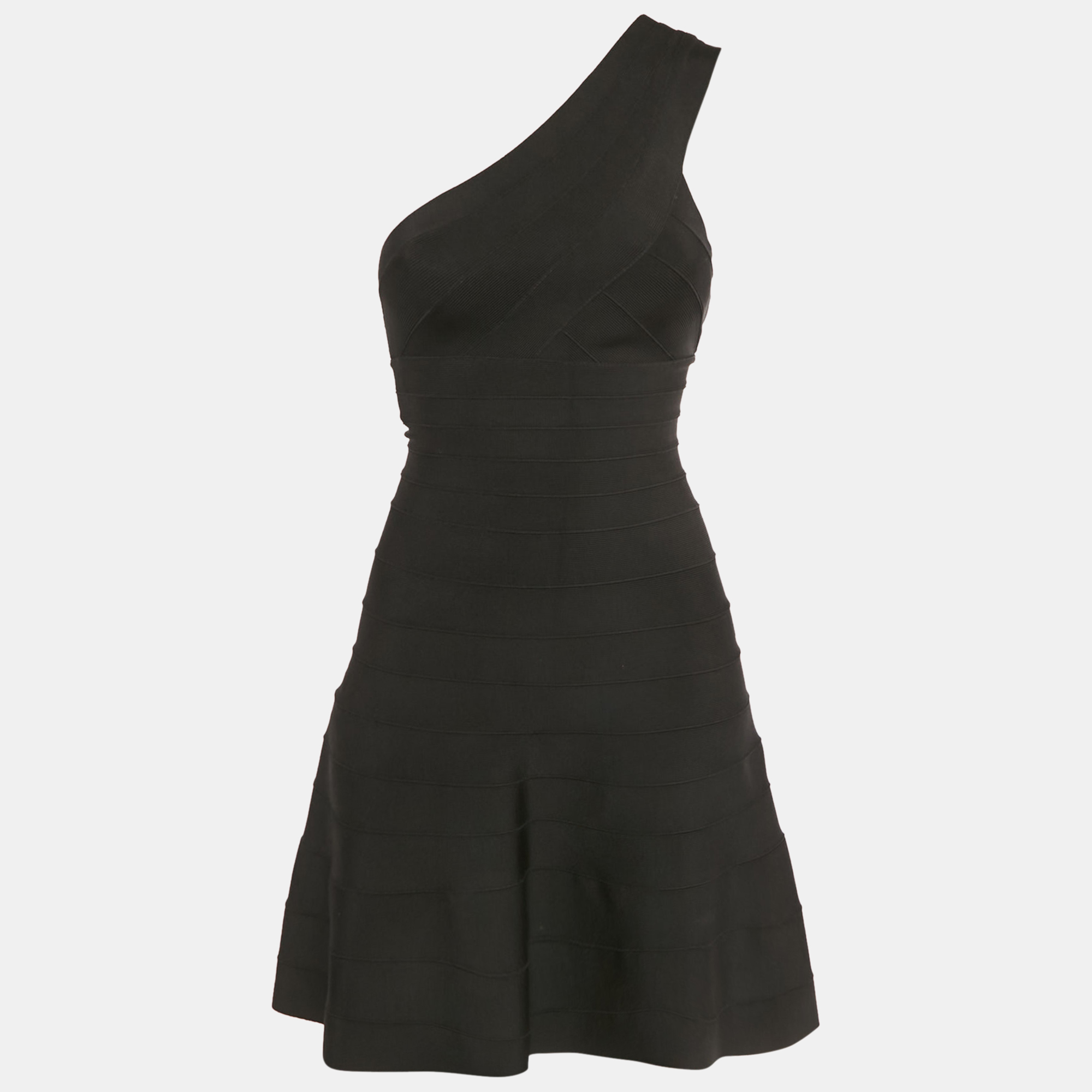 Pre-owned Herve Leger Black Bandage Knit One Shoulder Mini Dress Xs