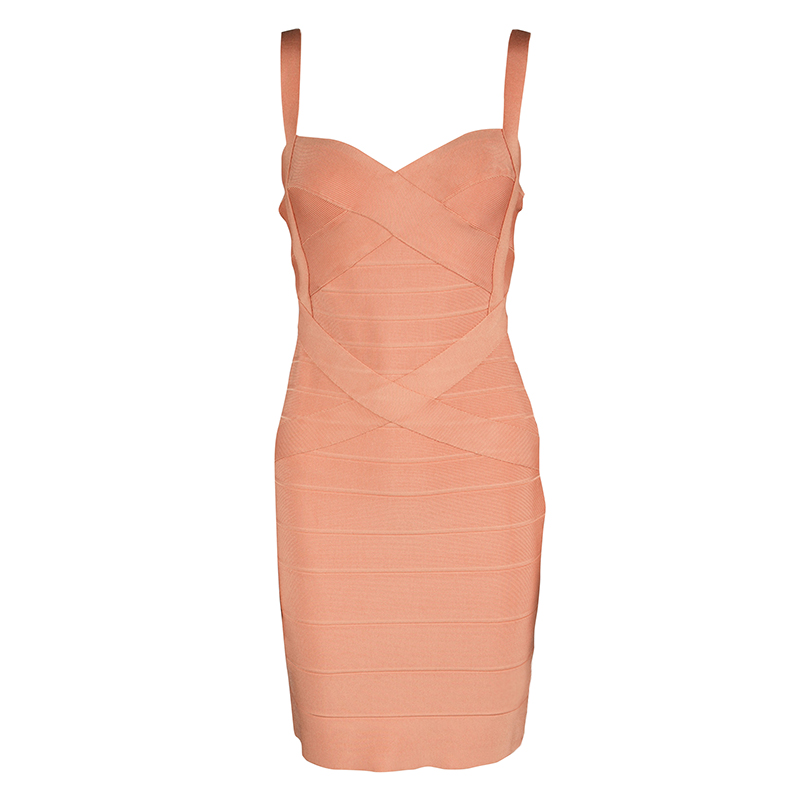 Pre Owned Herve Leger Melon Orange Sleeveless Bandage Dress M