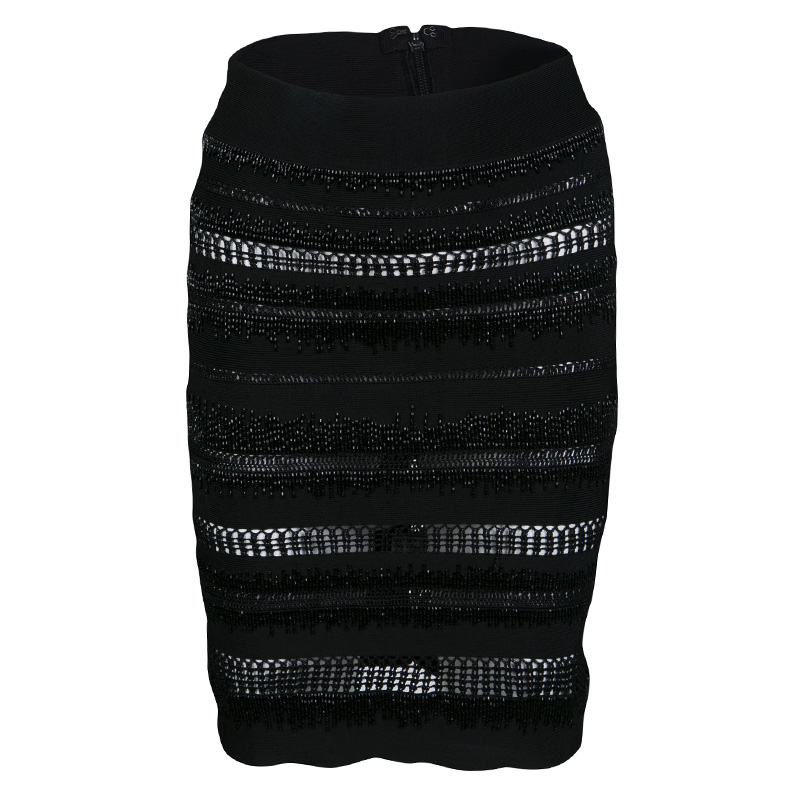 Pre Owned تنورة مستقيمة هيرفي ليغي سوداء مزخرفة XS