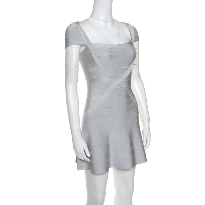 

Herve Leger Icy Grey Cap Sleeve Makayla Bandage Skater Dress