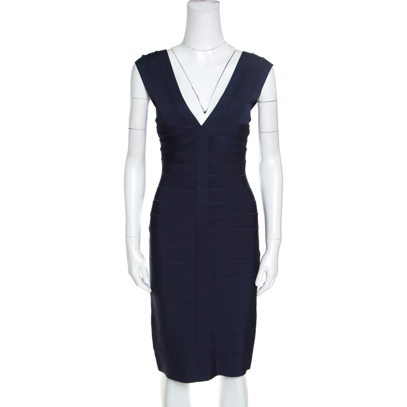 مملوكة مسبقًا فستان بانديدج هيرفي ليغي أليس أزرق كحلي رقبة حرف V مقاس S