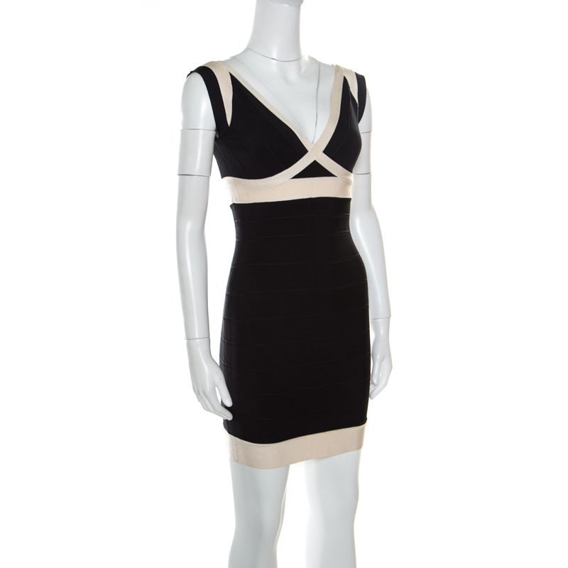 

Herve Leger Black and Cream Plunge Neck Detail Sleeveless Ilia Bandage Dress