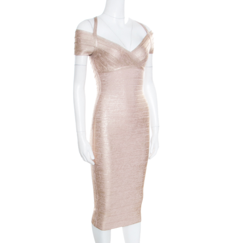 

Herve Leger Rose Gold Woodgrain Foil Bodycon Kelis Dress