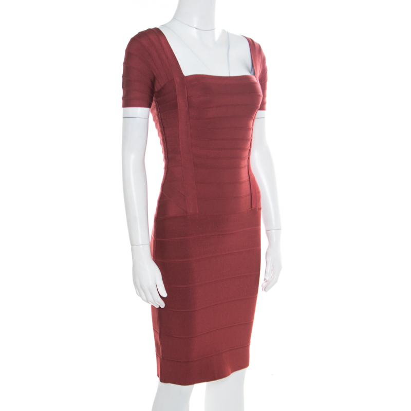 

Herve Leger Burgundy Stretch Knit Cap Sleeve Bandage Dress