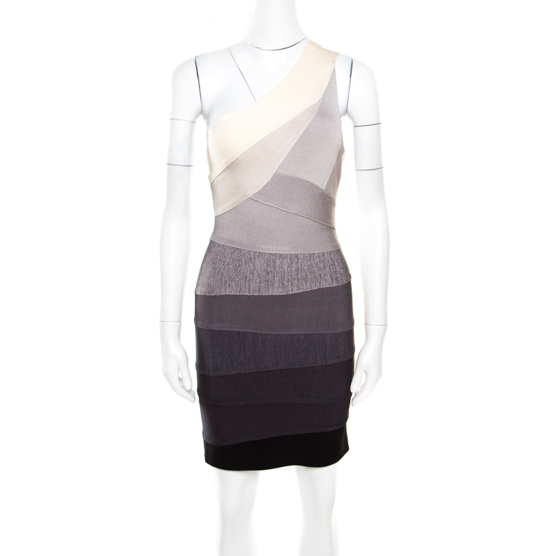 Pre Owned Herve Leger Grey Ombre One Shoulder Alexis Bandage Dress M