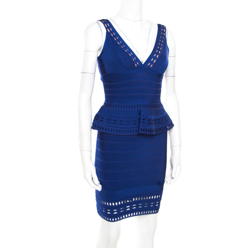 

Herve Leger Ultramarine Blue Cutout Detail Rebeca Peplum Bandage Dress