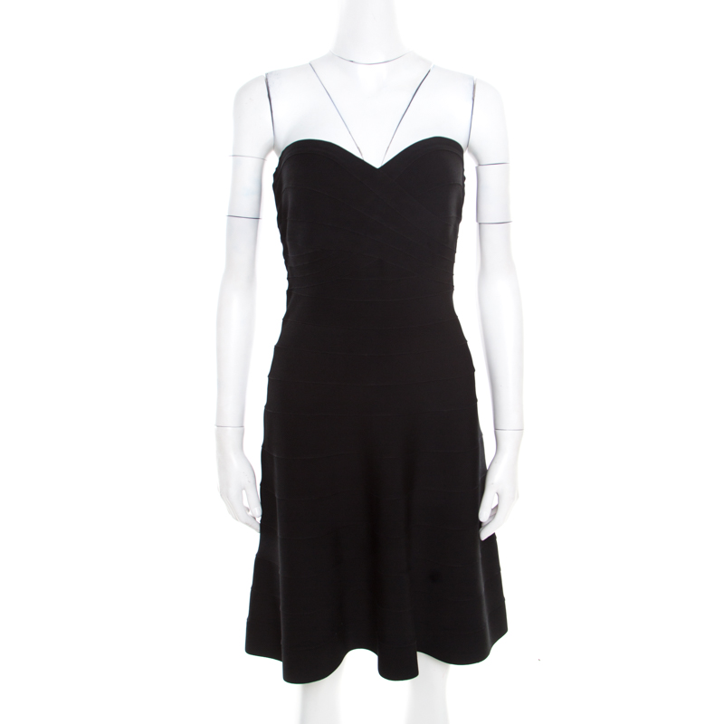 Pre Owned Herve Leger Black Stretch Knit Strapless Akari Bandage Mini Dress L